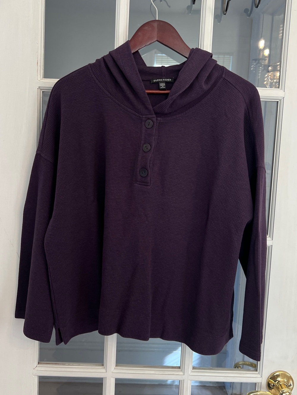 Eileen Fisher Women’s Purple Waffle Knit Henley Hooded Top F5WXA-T6423 Size L